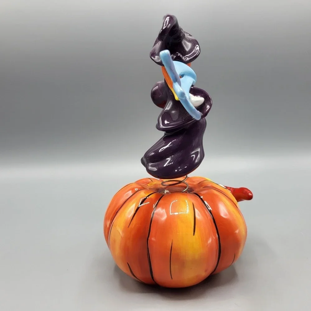 Apple's Halloween Witch on Pumpkin Bobble Figurine Decor 7.5in Purple Orange